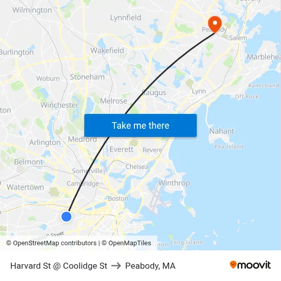 Harvard St @ Coolidge St to Peabody, MA map
