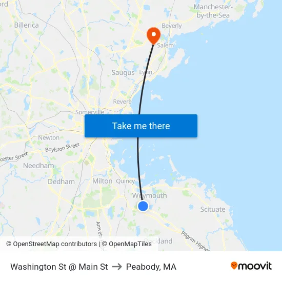 Washington St @ Main St to Peabody, MA map
