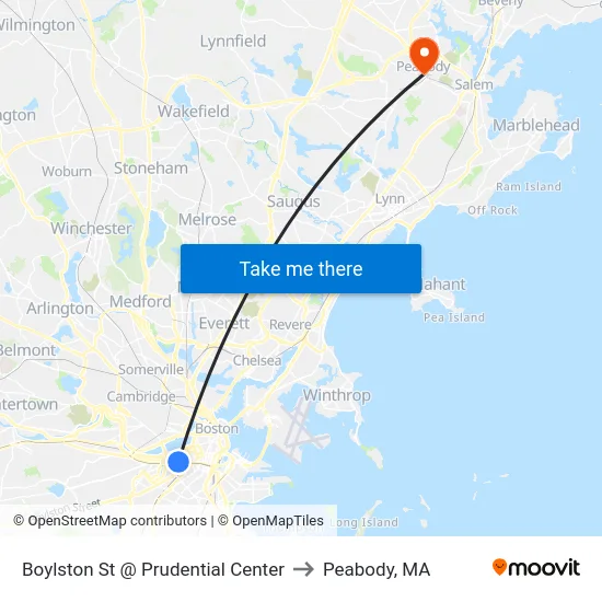 Boylston St @ Prudential Center to Peabody, MA map