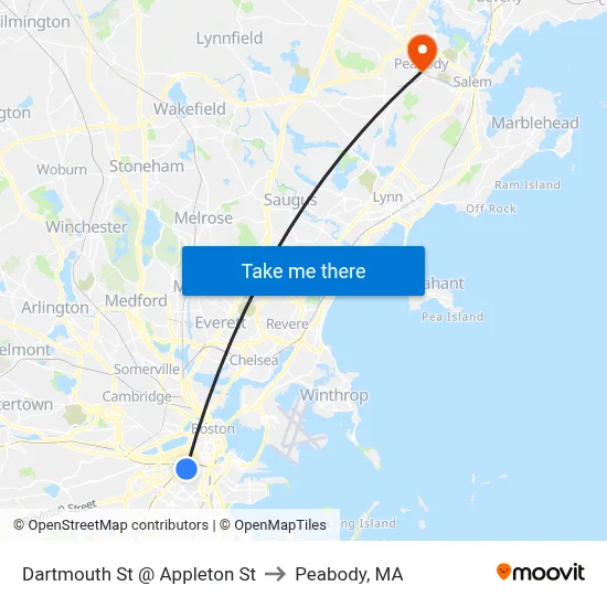 Dartmouth St @ Appleton St to Peabody, MA map