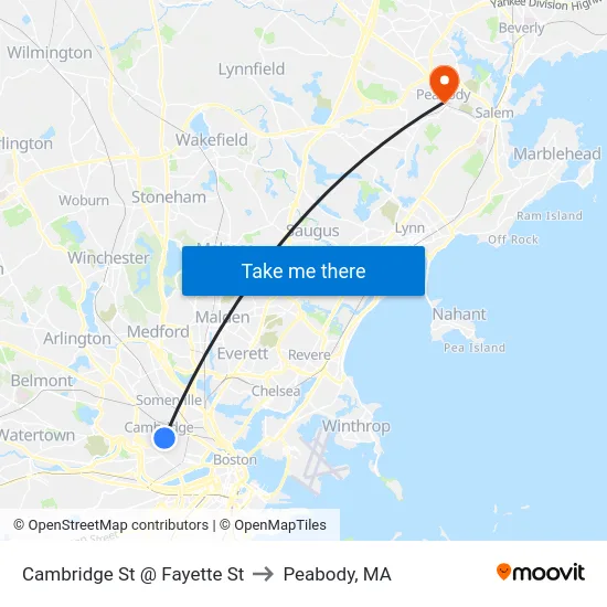 Cambridge St @ Fayette St to Peabody, MA map