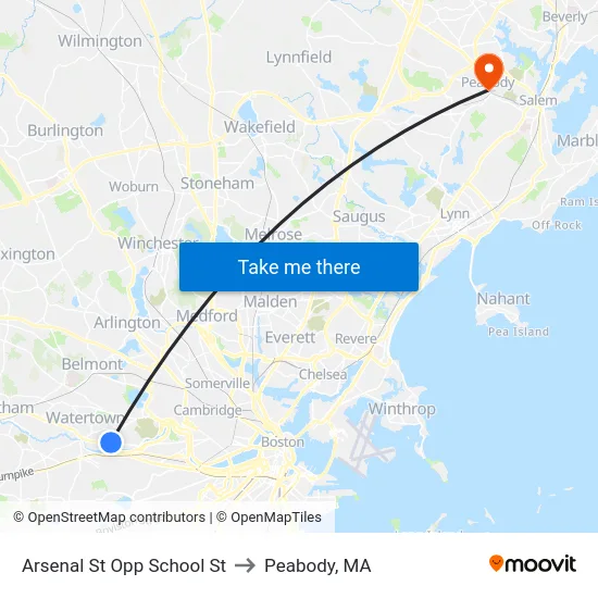 Arsenal St Opp School St to Peabody, MA map