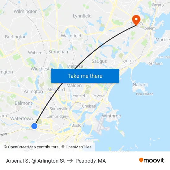 Arsenal St @ Arlington St to Peabody, MA map