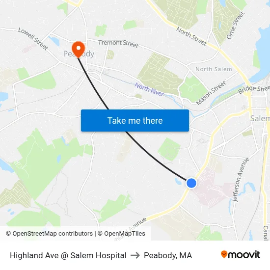 Highland Ave @ Salem Hospital to Peabody, MA map