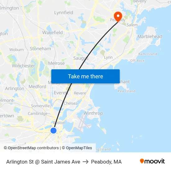 Arlington St @ Saint James Ave to Peabody, MA map
