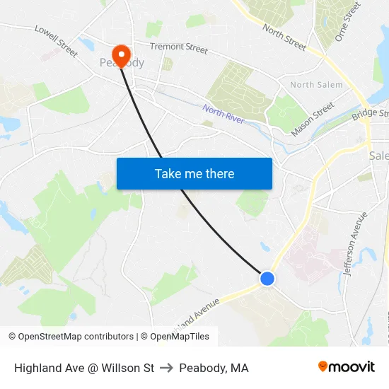 Highland Ave @ Willson St to Peabody, MA map