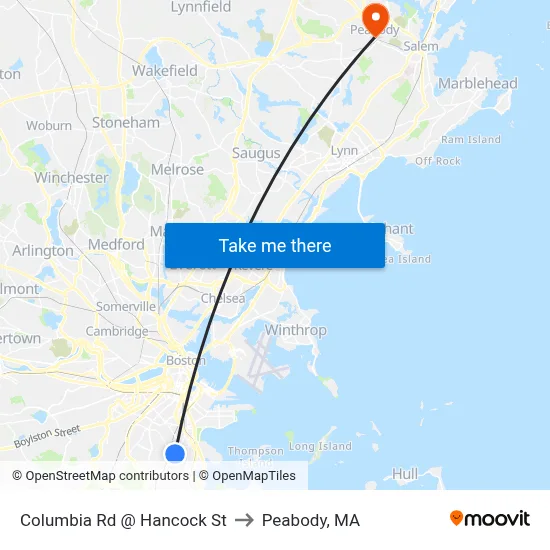 Columbia Rd @ Hancock St to Peabody, MA map