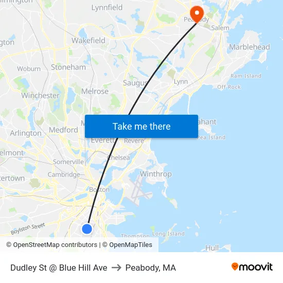 Dudley St @ Blue Hill Ave to Peabody, MA map