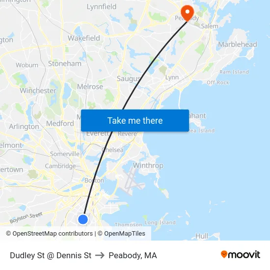 Dudley St @ Dennis St to Peabody, MA map