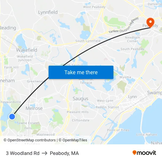 3 Woodland Rd to Peabody, MA map