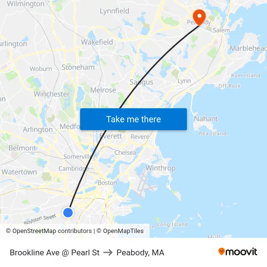 Brookline Ave @ Pearl St to Peabody, MA map