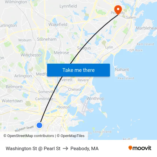 Washington St @ Pearl St to Peabody, MA map