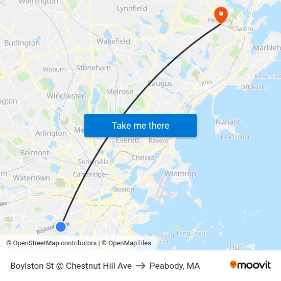 Boylston St @ Chestnut Hill Ave to Peabody, MA map
