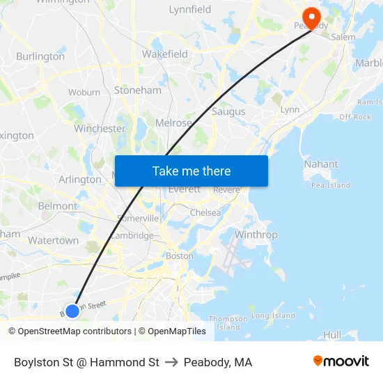 Boylston St @ Hammond St to Peabody, MA map