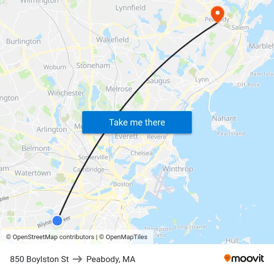 850 Boylston St to Peabody, MA map