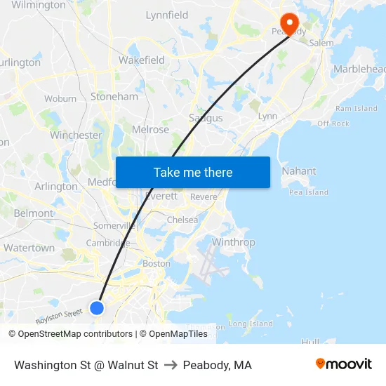 Washington St @ Walnut St to Peabody, MA map