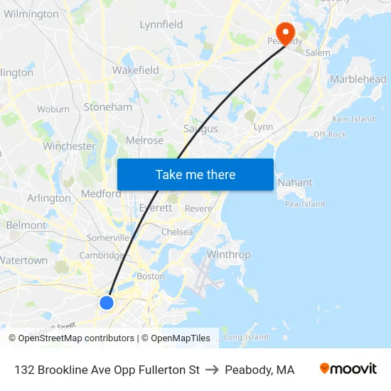 132 Brookline Ave Opp Fullerton St to Peabody, MA map