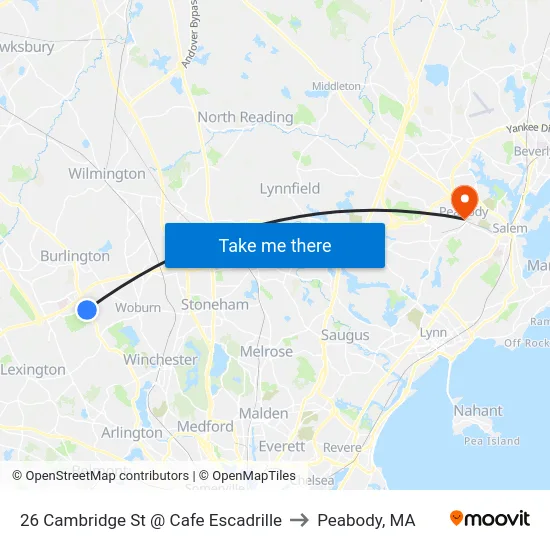 26 Cambridge St @ Cafe Escadrille to Peabody, MA map