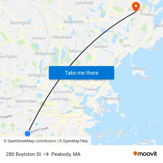 280 Boylston St to Peabody, MA map
