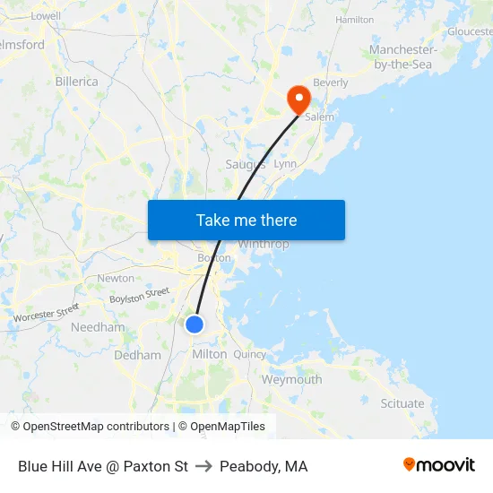 Blue Hill Ave @ Paxton St to Peabody, MA map