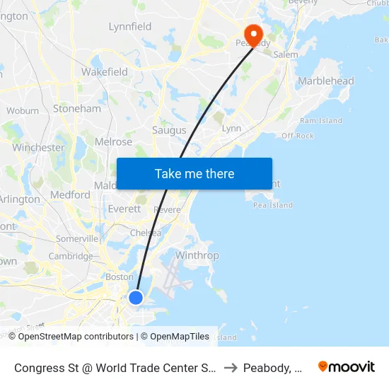 Congress St @ World Trade Center Sta to Peabody, MA map
