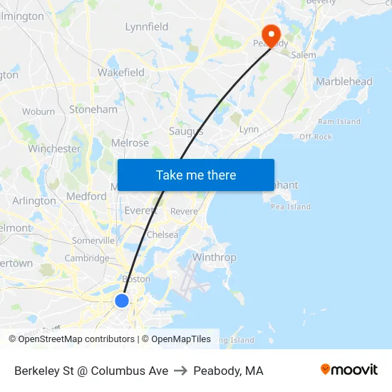 Berkeley St @ Columbus Ave to Peabody, MA map
