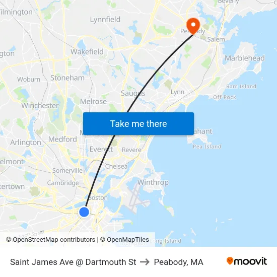 Saint James Ave @ Dartmouth St to Peabody, MA map