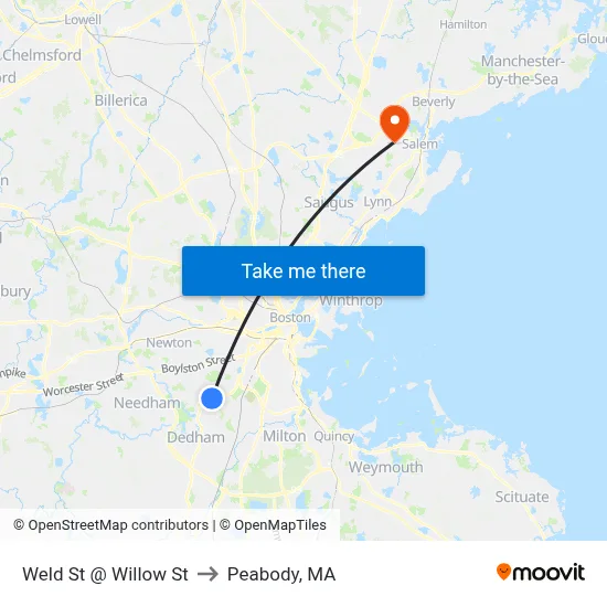 Weld St @ Willow St to Peabody, MA map
