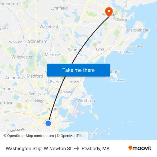 Washington St @ W Newton St to Peabody, MA map