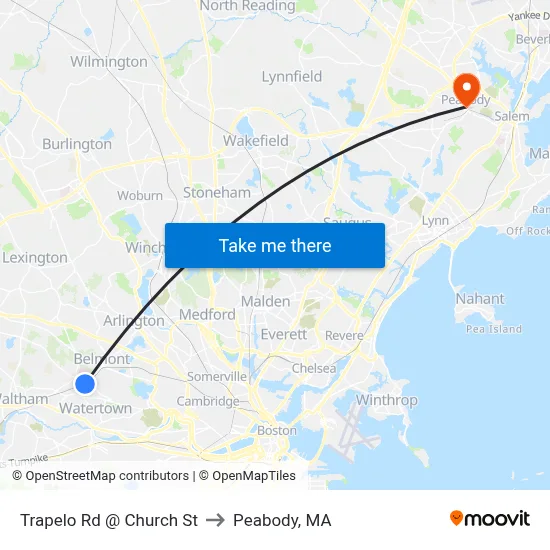 Trapelo Rd @ Church St to Peabody, MA map