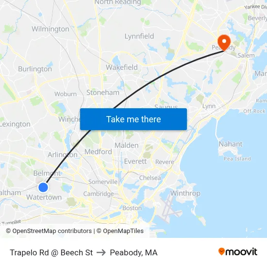 Trapelo Rd @ Beech St to Peabody, MA map