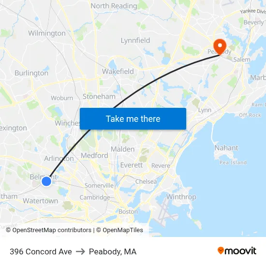 396 Concord Ave to Peabody, MA map
