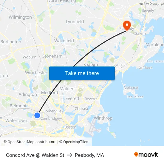 Concord Ave @ Walden St to Peabody, MA map