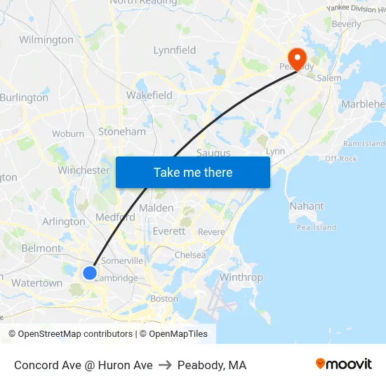 Concord Ave @ Huron Ave to Peabody, MA map