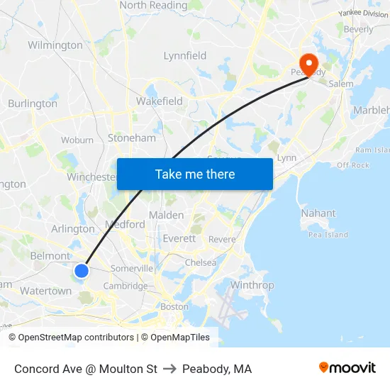 Concord Ave @ Moulton St to Peabody, MA map