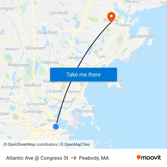 Atlantic Ave @ Congress St to Peabody, MA map