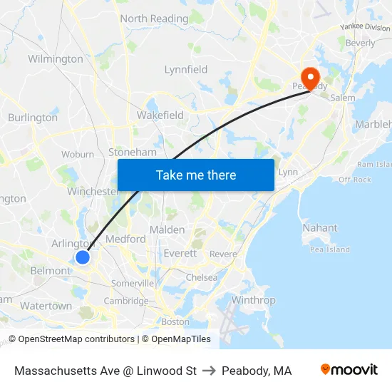 Massachusetts Ave @ Linwood St to Peabody, MA map