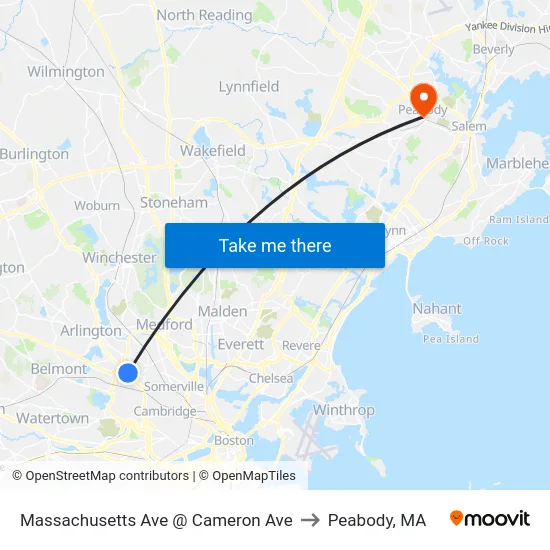 Massachusetts Ave @ Cameron Ave to Peabody, MA map