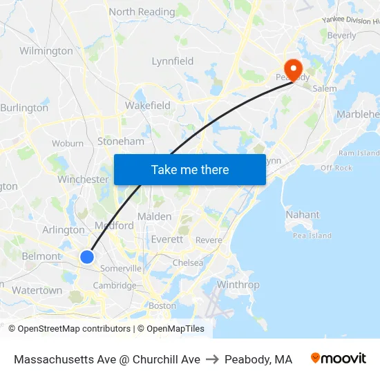 Massachusetts Ave @ Churchill Ave to Peabody, MA map