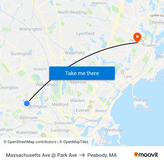 Massachusetts Ave @ Park Ave to Peabody, MA map