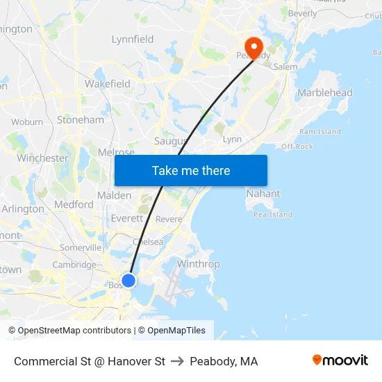 Commercial St @ Hanover St to Peabody, MA map
