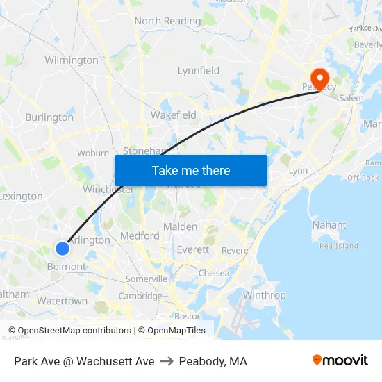 Park Ave @ Wachusett Ave to Peabody, MA map