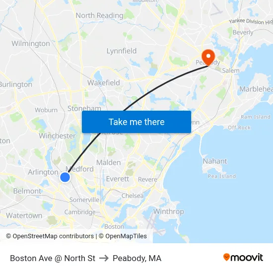 Boston Ave @ North St to Peabody, MA map