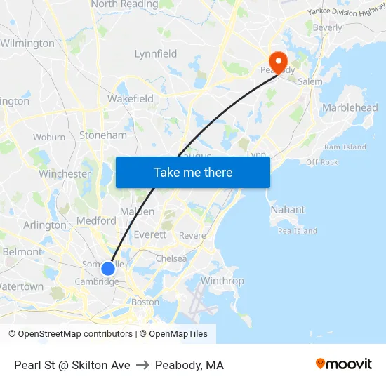 Pearl St @ Skilton Ave to Peabody, MA map