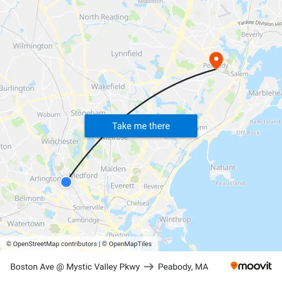 Boston Ave @ Mystic Valley Pkwy to Peabody, MA map