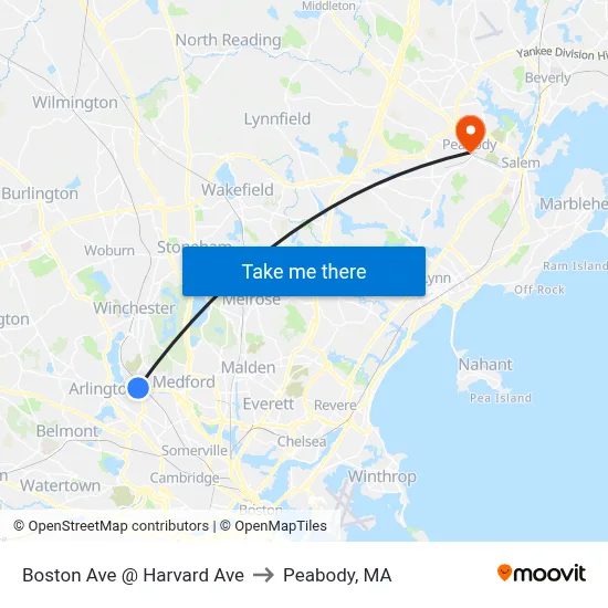 Boston Ave @ Harvard Ave to Peabody, MA map
