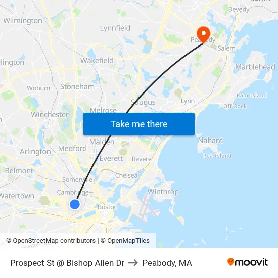 Prospect St @ Bishop Allen Dr to Peabody, MA map