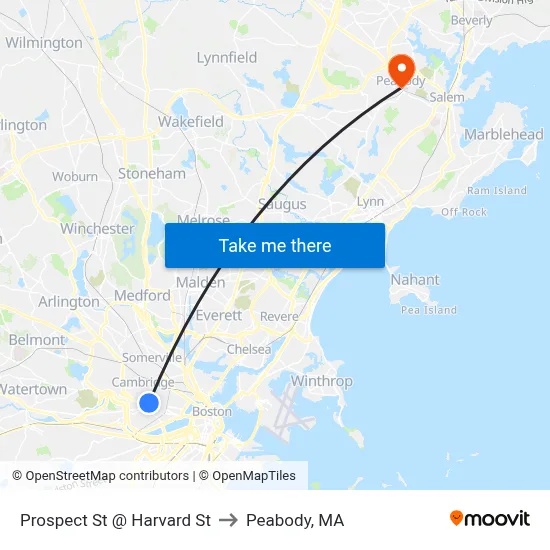 Prospect St @ Harvard St to Peabody, MA map