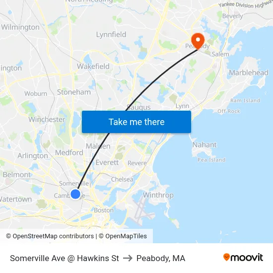 Somerville Ave @ Hawkins St to Peabody, MA map