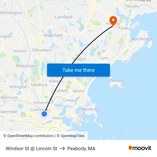 Windsor St @ Lincoln St to Peabody, MA map